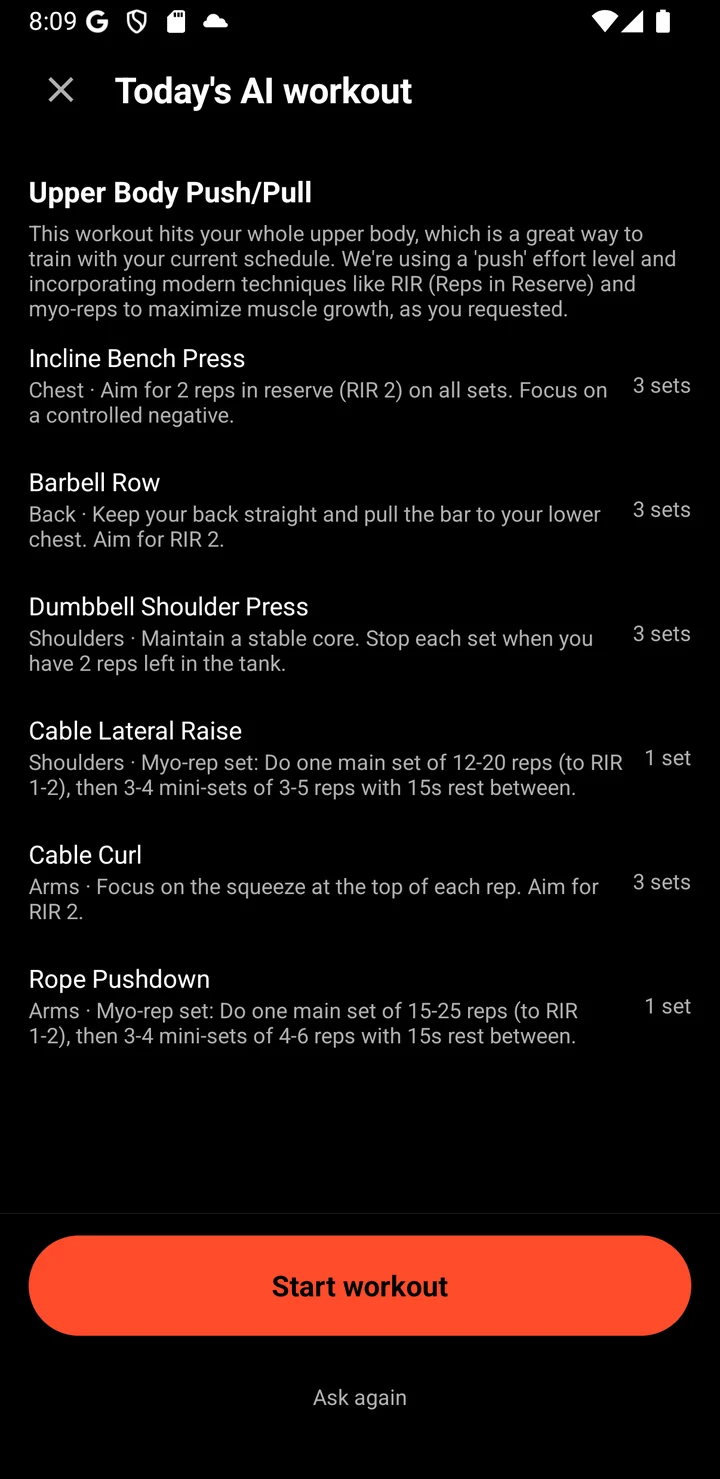 Today's AI workout: upper body push and pull with incline bench, barbell row, dumbbell shoulder press, cable lateral raise, cable curl and rope pushdown.