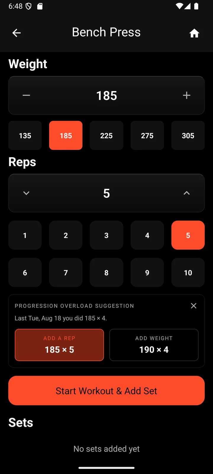 Tier's bench press screen with a progression suggestion: last Tuesday 185 by 4; add a rep for 185 by 5 or add weight for 190 by 4.